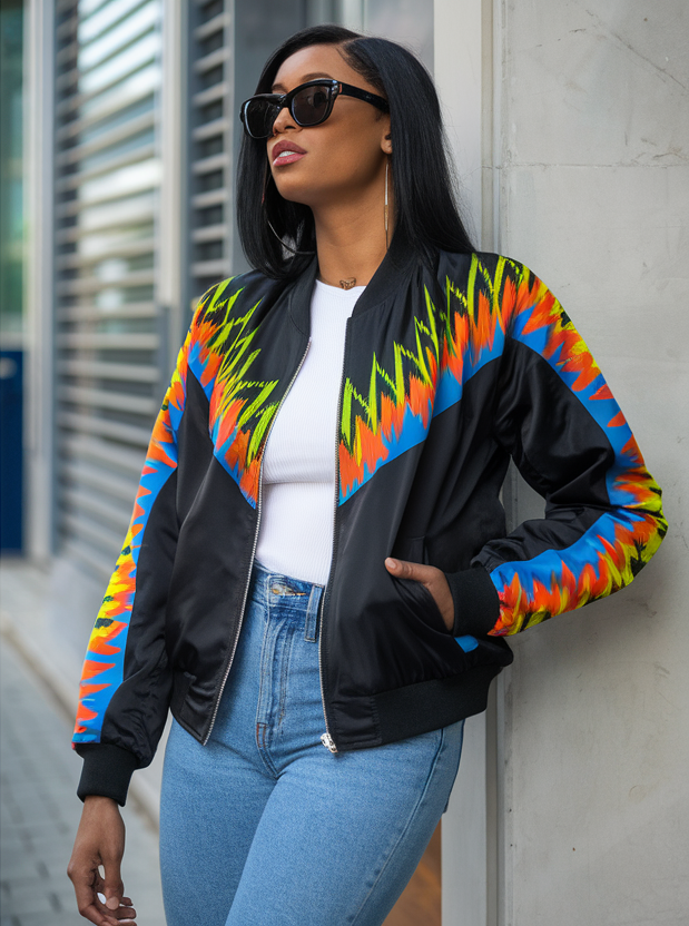 Women's African Neon Kente Bomber Jacket